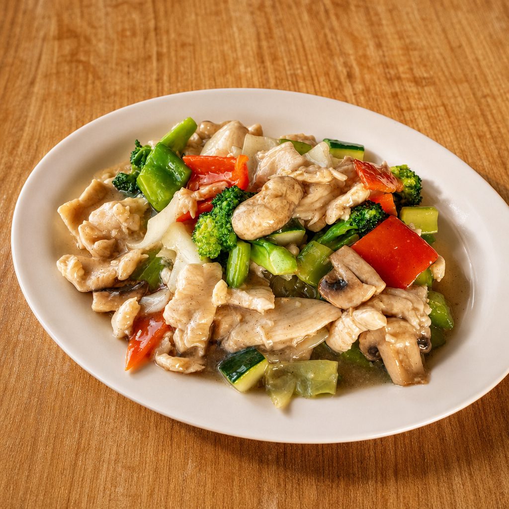 Steamed Chicken with Mixed Vegetables (White Sauce).